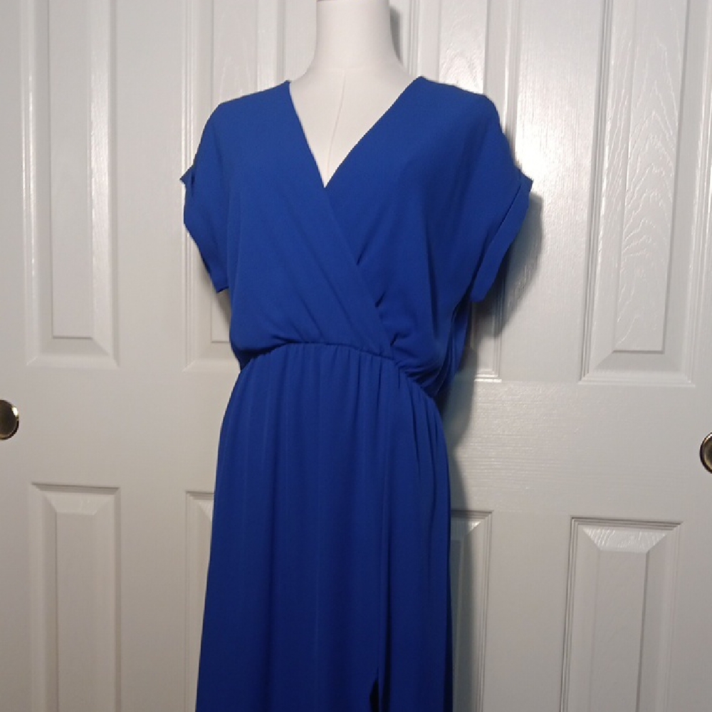 Alya Royal Blue Maxi Dress With Mock Wrap Neck Line And Sexy Slit
